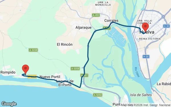 Taxi de Huelva al Playanatural Hotel: mapa de la ruta en coche
