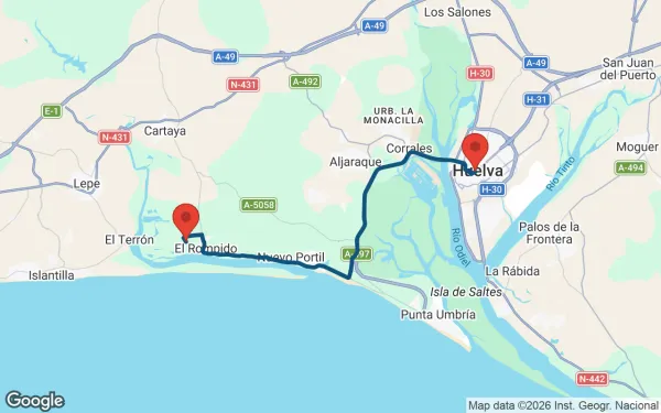 Taxi de Huelva al Precise Resort El Rompido: mapa de la ruta en coche