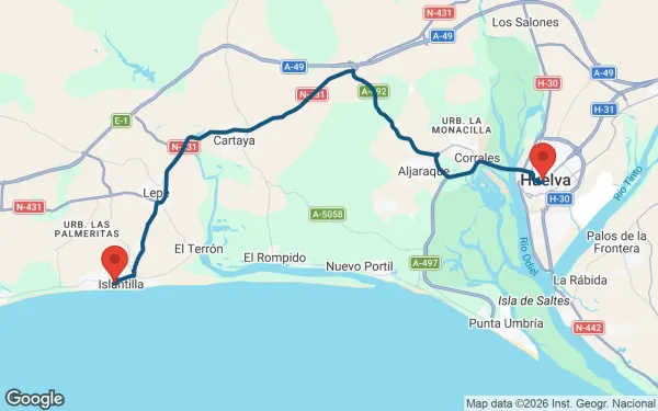 Taxi de Huelva al Puerto Antilla Grand Hotel: mapa de la ruta en coche