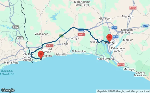 Taxi de Huelva al Vila Galé Isla Canela: mapa de la ruta en coche