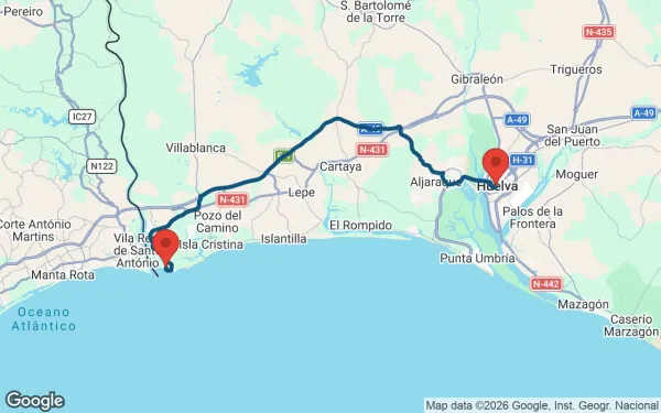 Taxi de Huelva a Isla Canela: mapa de la ruta en coche