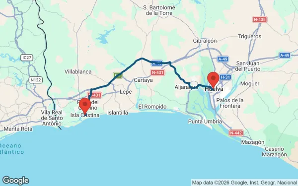 Taxi de Huelva a Isla Cristina: mapa de la ruta en coche