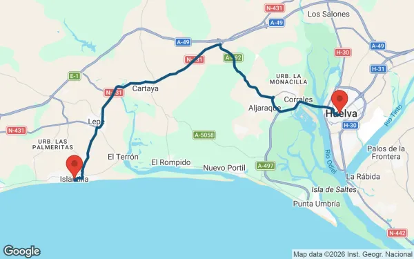 Taxi de Huelva a Islantilla y La Antilla: mapa de la ruta en coche