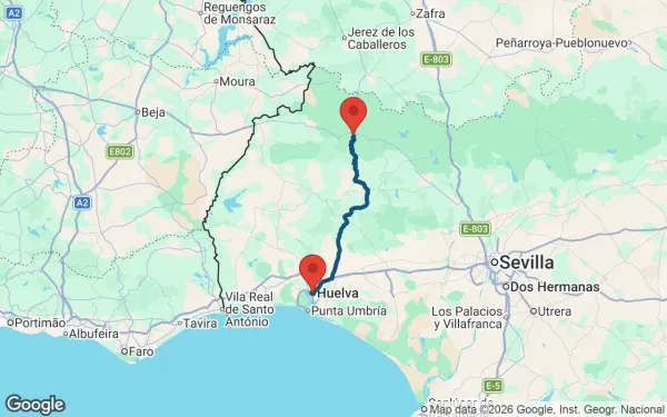 Taxi de Huelva a Jabugo: mapa de la ruta en coche