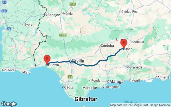 Taxi de Huelva a Jaén: mapa de la ruta en coche