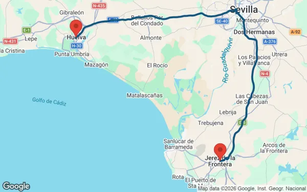 Taxi de Huelva a Jerez de la Frontera: mapa de la ruta en coche