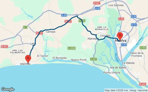 Taxi de Huelva a La Antilla: mapa de la ruta en coche