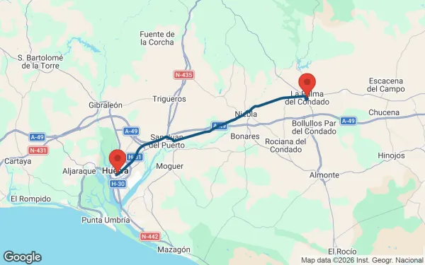 Taxi de Huelva a La Palma del Condado: mapa de la ruta en coche