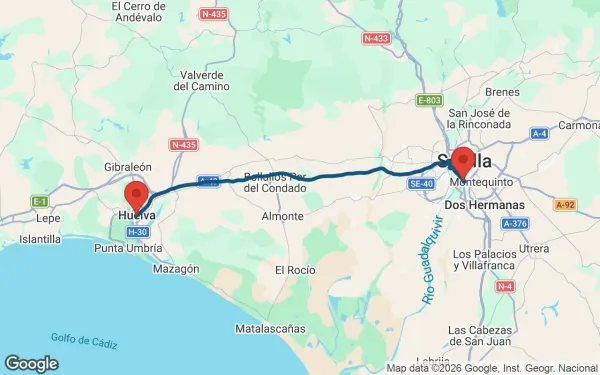 Taxi de Huelva al centro comercial Lagoh: mapa de la ruta en coche
