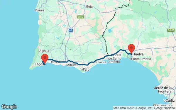 Taxi de Huelva a Lagos: mapa de la ruta en coche