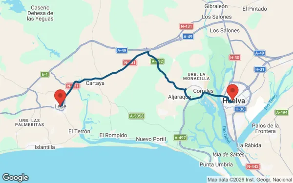Taxi de Huelva a Lepe: mapa de la ruta en coche