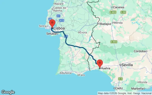 Taxi de Huelva a Lisboa: mapa de la ruta en coche