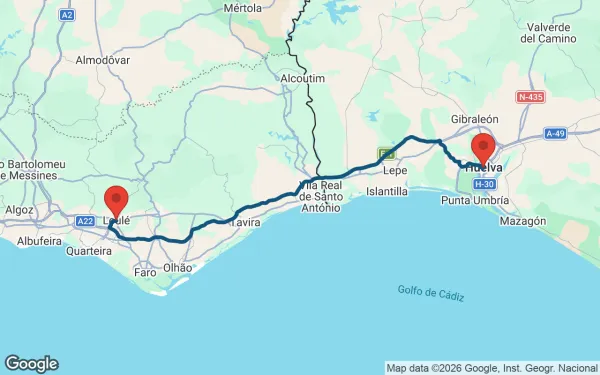 Taxi de Huelva a Loulé: mapa de la ruta en coche