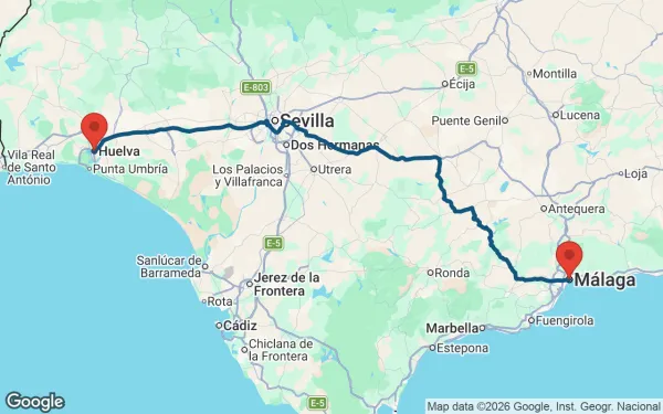 Taxi de Huelva a Málaga: mapa de la ruta en coche