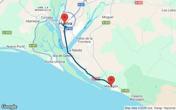 Taxi de Huelva a Mazagón: mapa de la ruta en coche