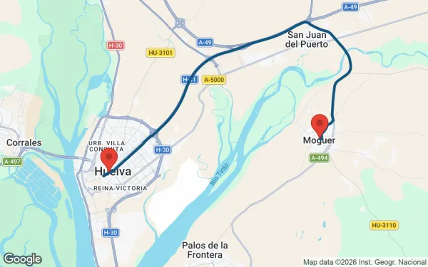 Taxi de Huelva a Moguer: mapa de la ruta en coche