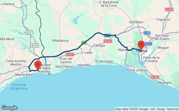 Taxi de Huelva a Monte Gordo: mapa de la ruta en coche