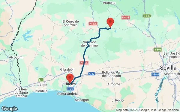 Taxi de Huelva a Nerva: mapa de la ruta en coche