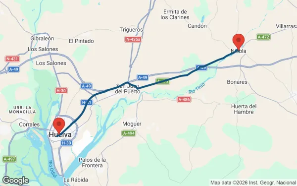Taxi de Huelva a Niebla: mapa de la ruta en coche