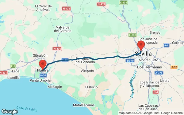 Taxi de Huelva al Parque Científico y Tecnológico Cartuja: mapa de la ruta en coche