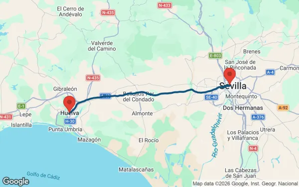 Taxi de Huelva a la estación de Plaza de Armas: mapa de la ruta en coche