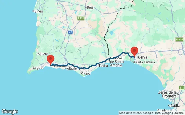 Taxi de Huelva a Portimão: mapa de la ruta en coche