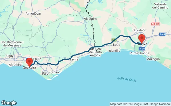 Taxi de Huelva a Quarteira: mapa de la ruta en coche