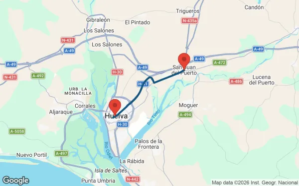 Taxi de Huelva a San Juan del Puerto: mapa de la ruta en coche