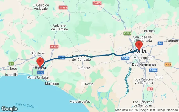 Taxi de Huelva a Sevilla: mapa de la ruta en coche