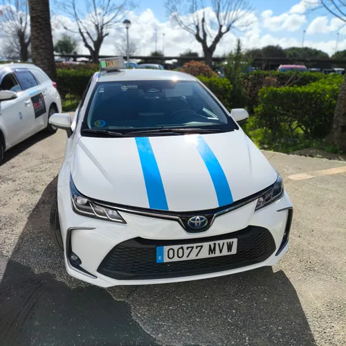Taxi de Huelva para viajes largos, un Toyota Corolla Hybrid blanco con las dos bandas azules