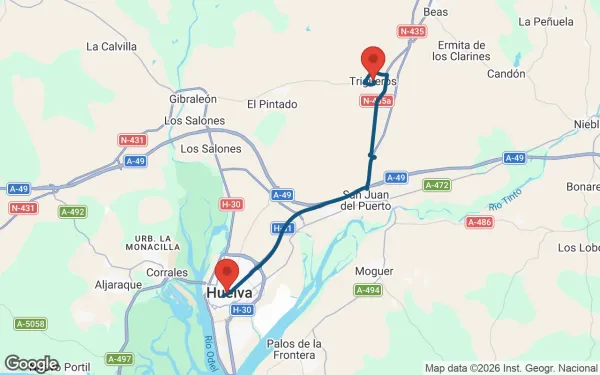 Taxi de Huelva a Trigueros: mapa de la ruta en coche