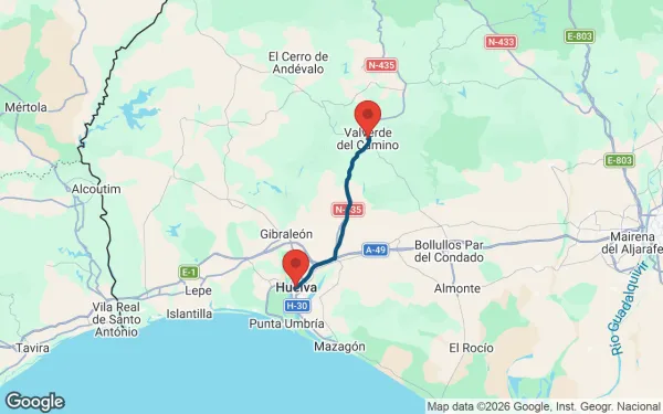 Taxi de Huelva a Valverde del Camino: mapa de la ruta en coche
