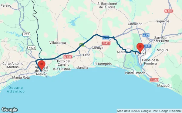Taxi de Huelva a Vila Real de Santo António: mapa de la ruta en coche