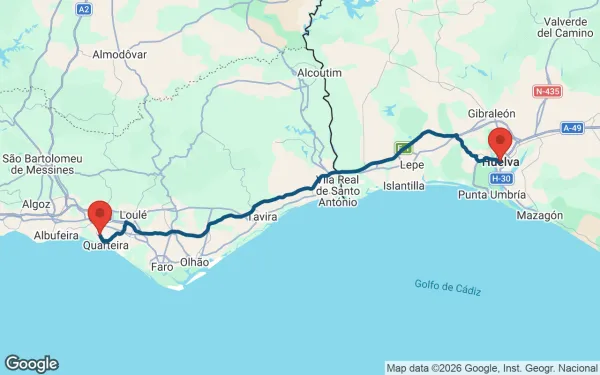 Taxi de Huelva a Vilamoura: mapa de la ruta en coche